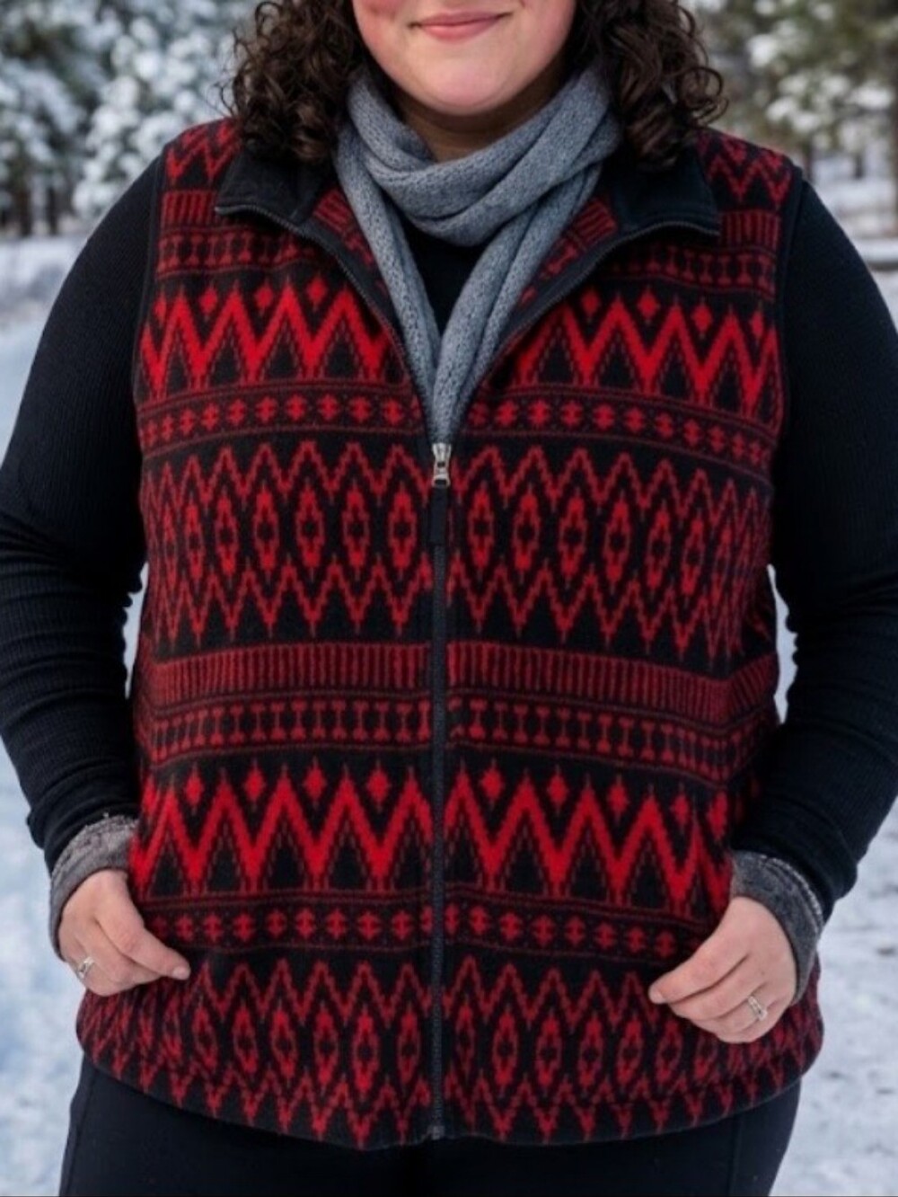 Chaps Womens Red Black Fleece Vest Size 3x Holiday Festive Tribal